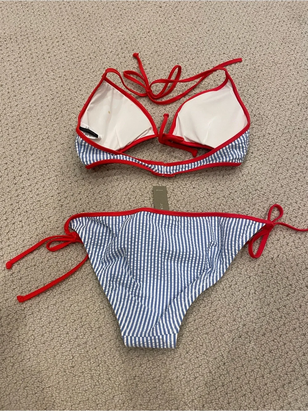 J. Crew Navy and White Seersucker Striped Bikini with Red Trim